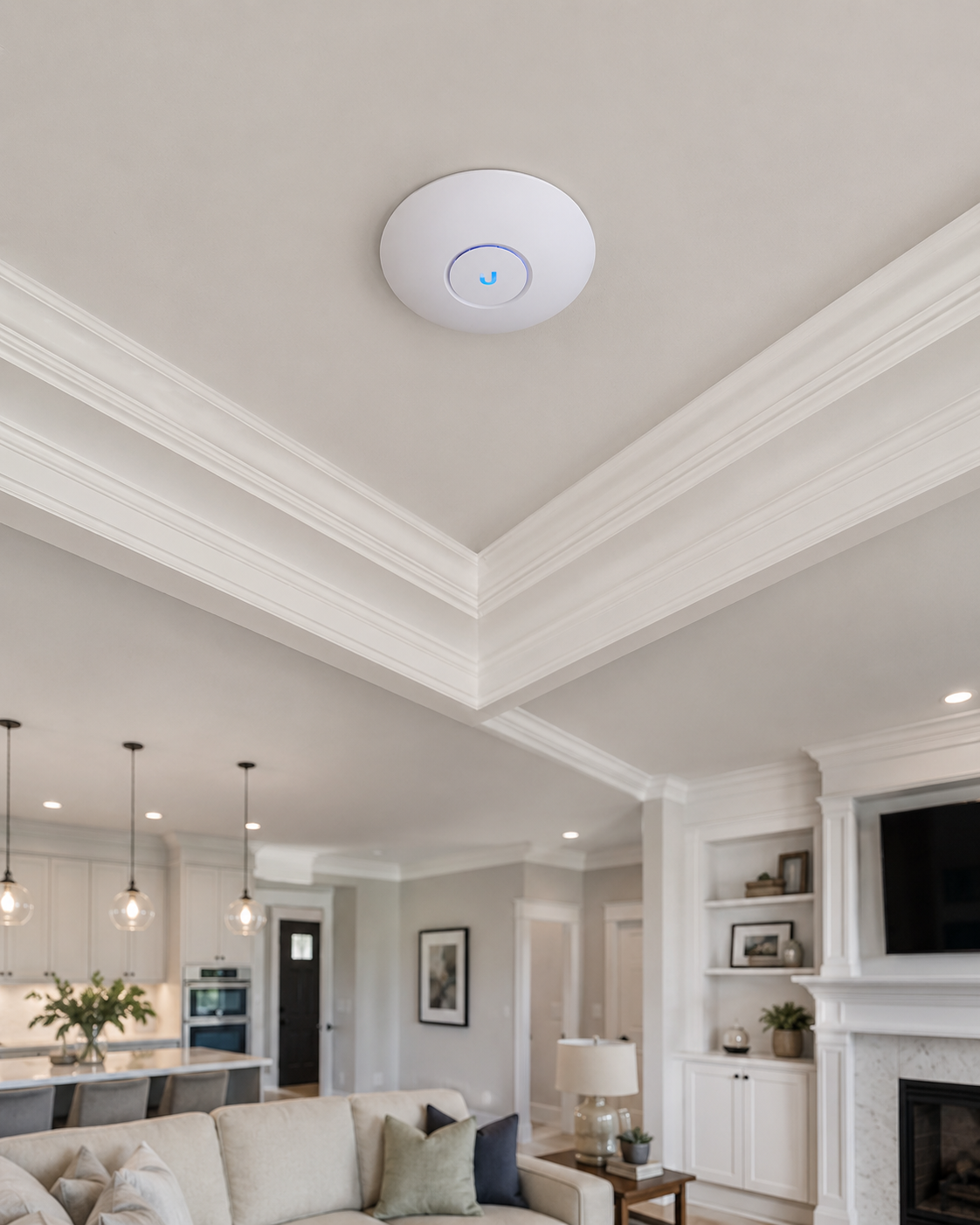 Access point mounted on a living room ceiling