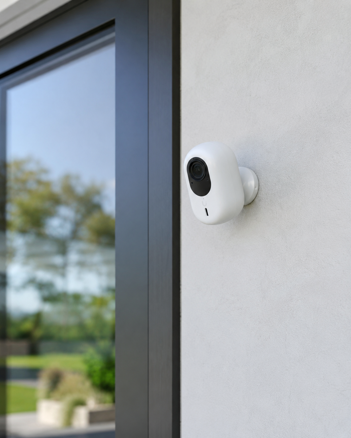 Exterior camera mounted beside a window